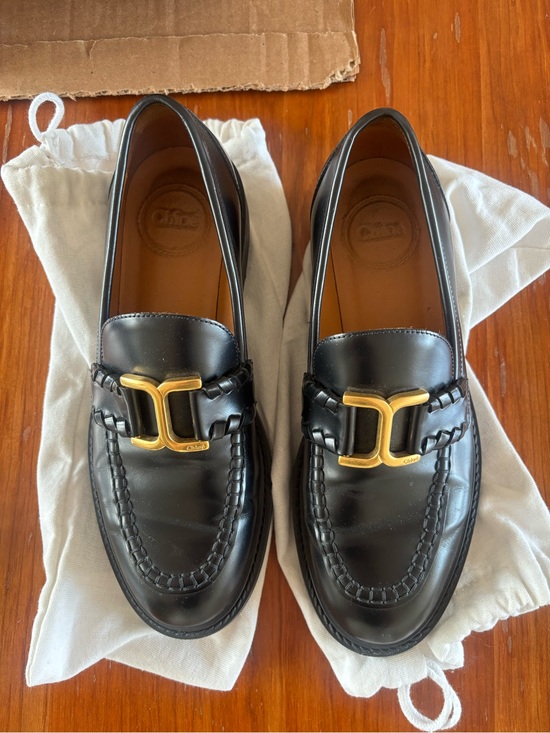 Chloe Shoes - Chloe Black Leather Loafers with Gold Buckle